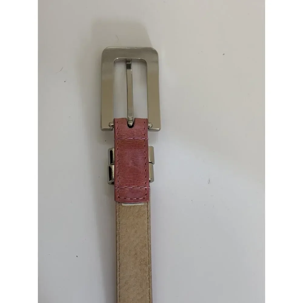 Women’s Pink Genuine Italian Leather Slim Belt Silver Buckle M Casual